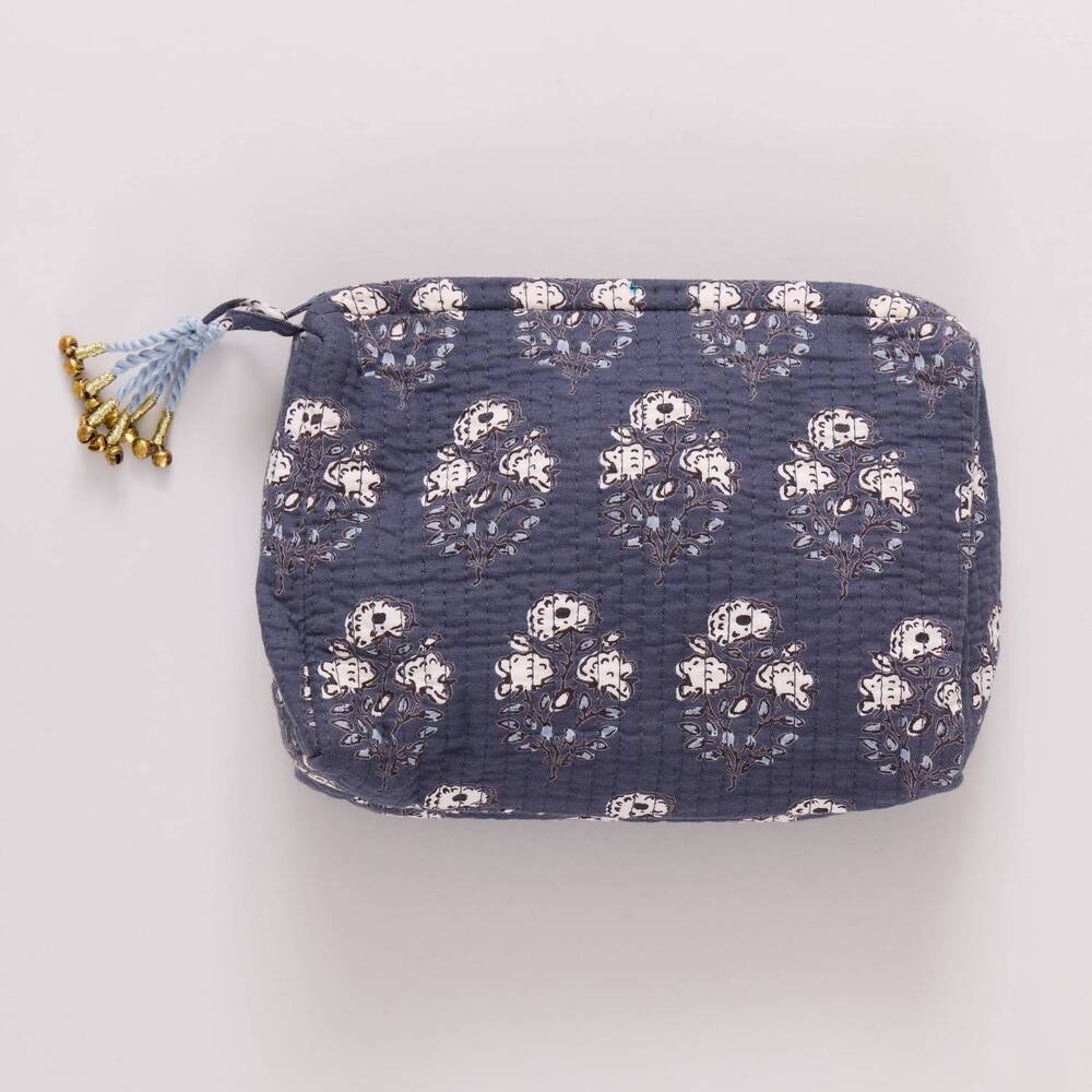 NEW PINK CHICKEN women's large quilted pouch in navy strawflower